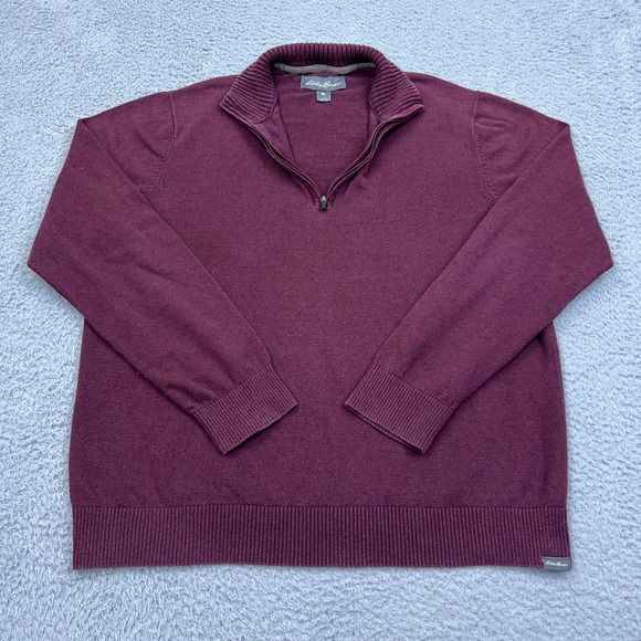 Eddie Bauer Mens Sweater Large Wine Red Purple 1/4 Zip Knit Merino Wool Pullover - Picture 1 of 11